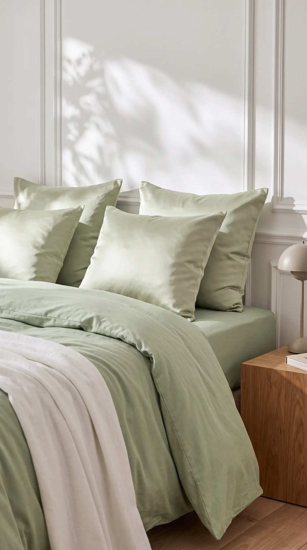 Lit élégant habillé d'une parure et de taies d'oreiller en soie de mûrier vert sauge dans une chambre lumineuse